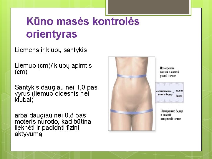 Kūno masės kontrolės orientyras Liemens ir klubų santykis Liemuo (сm)/ klubų apimtis (сm) Santykis Kūno masės kontrolės orientyras Liemens ir klubų santykis Liemuo (сm)/ klubų apimtis (сm) Santykis