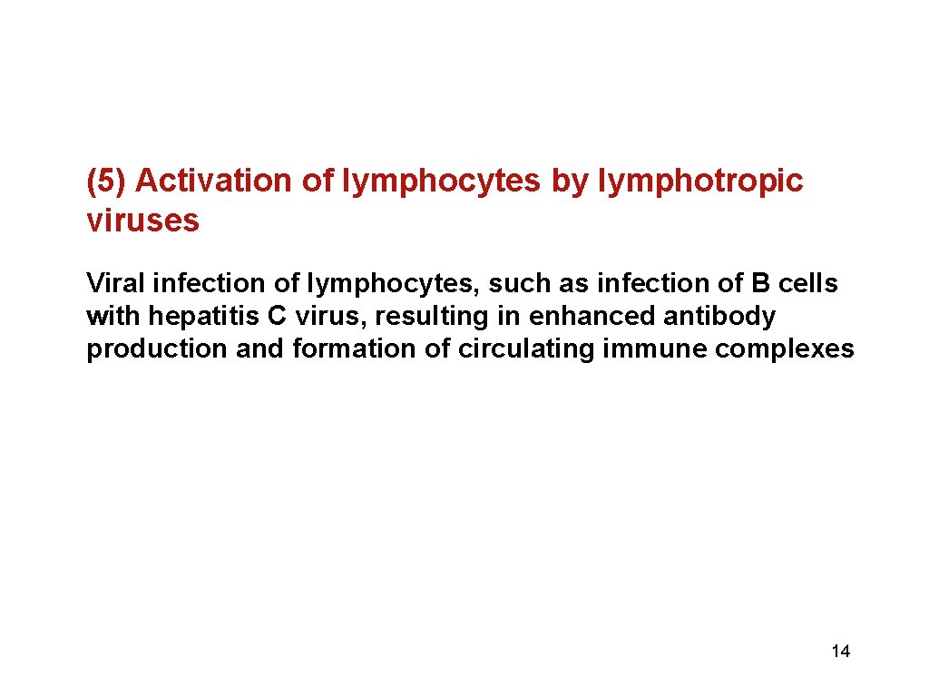 (5) Activation of lymphocytes by lymphotropic viruses Viral infection of lymphocytes, such as infection