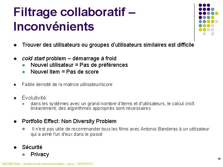 Filtrage collaboratif – Inconvénients l Trouver des utilisateurs ou groupes d’utilisateurs similaires est difficile