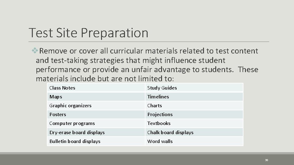 Test Site Preparation v. Remove or cover all curricular materials related to test content