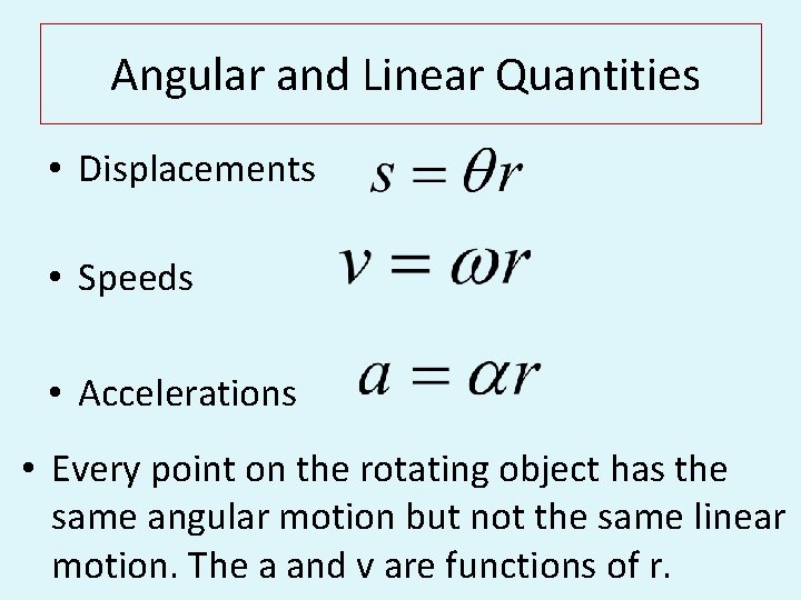 Angular and Linear Quantities • Displacements • Speeds • Accelerations • Every point on