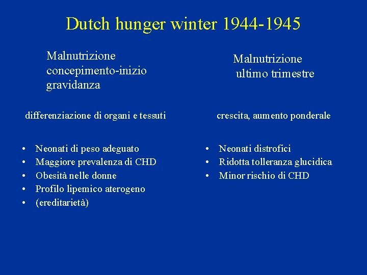 Dutch hunger winter 1944 -1945 Malnutrizione concepimento-inizio gravidanza Malnutrizione ultimo trimestre differenziazione di organi