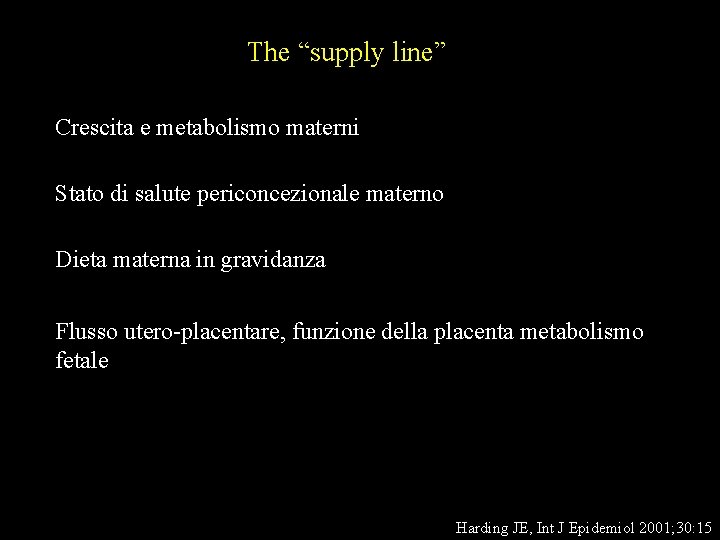 The “supply line” Crescita e metabolismo materni Stato di salute periconcezionale materno Dieta materna