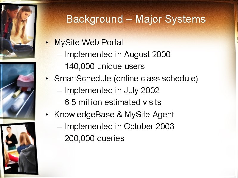 Background – Major Systems • My. Site Web Portal – Implemented in August 2000