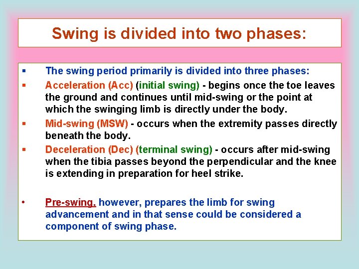 Swing is divided into two phases: § § • The swing period primarily is