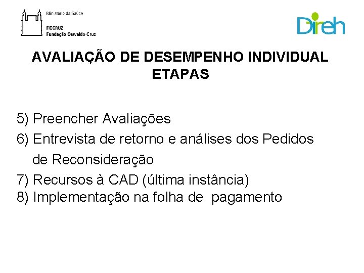 AVALIAÇÃO DE DESEMPENHO INDIVIDUAL ETAPAS 5) Preencher Avaliações 6) Entrevista de retorno e análises