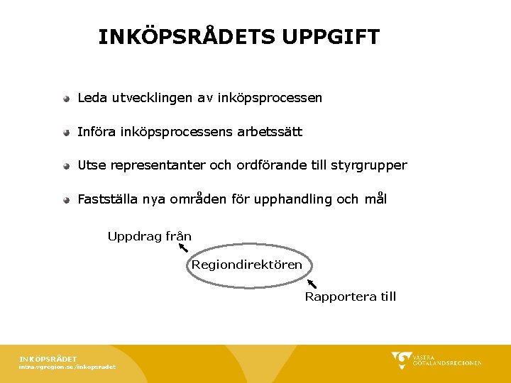 INKÖPSRÅDETS UPPGIFT Leda utvecklingen av inköpsprocessen Införa inköpsprocessens arbetssätt Utse representanter och ordförande till INKÖPSRÅDETS UPPGIFT Leda utvecklingen av inköpsprocessen Införa inköpsprocessens arbetssätt Utse representanter och ordförande till