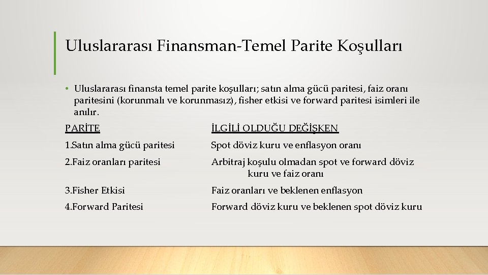 Uluslararası Finansman Temel Parite Koşulları • Uluslararası finansta temel parite koşulları; satın alma gücü