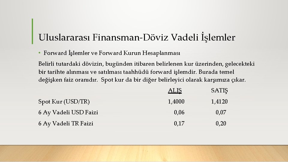 Uluslararası Finansman Döviz Vadeli İşlemler • Forward İşlemler ve Forward Kurun Hesaplanması Belirli tutardaki