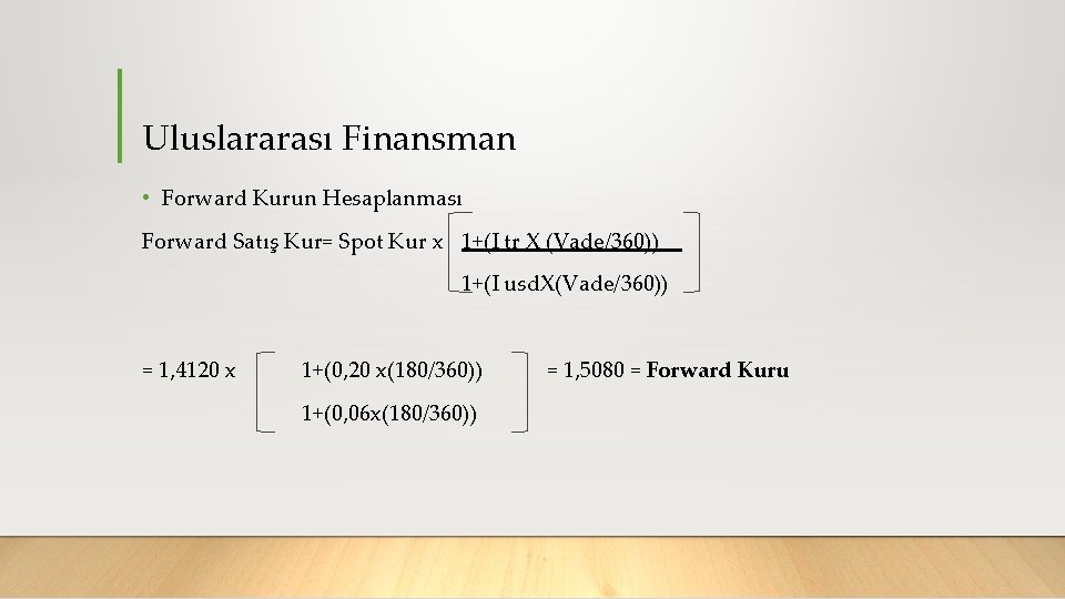 Uluslararası Finansman • Forward Kurun Hesaplanması Forward Satış Kur= Spot Kur x 1+(I tr