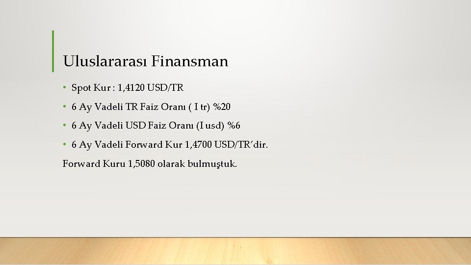 Uluslararası Finansman • Spot Kur : 1, 4120 USD/TR • 6 Ay Vadeli TR