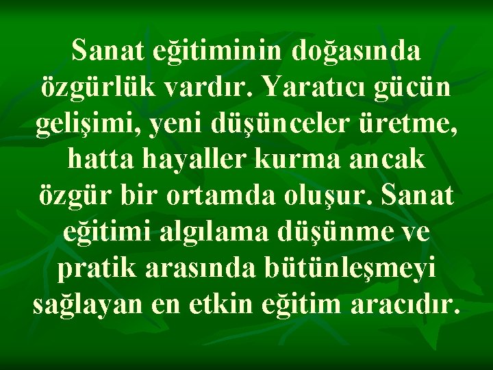 Sanat eğitiminin doğasında özgürlük vardır. Yaratıcı gücün gelişimi, yeni düşünceler üretme, hatta hayaller kurma