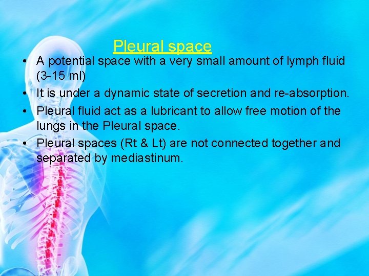 Pleural space • A potential space with a very small amount of lymph fluid