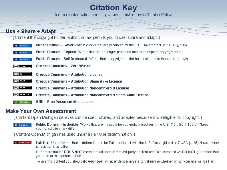 Citation Key for more information see: http: //open. umich. edu/wiki/Citation. Policy Use + Share