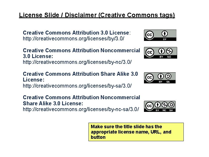 License Slide / Disclaimer (Creative Commons tags) Creative Commons Attribution 3. 0 License: http: