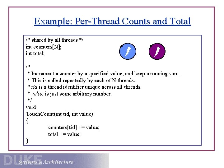 Example: Per-Thread Counts and Total /* shared by all threads */ int counters[N]; int