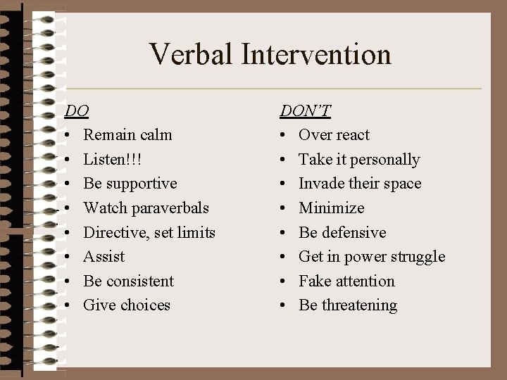 Verbal Intervention DO • Remain calm • Listen!!! • Be supportive • Watch paraverbals