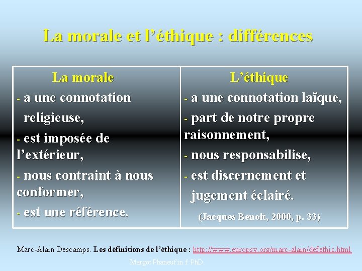 La morale et l’éthique : différences La morale - a une connotation religieuse, -