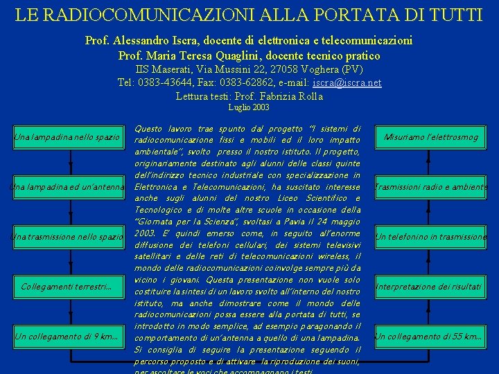 LE RADIOCOMUNICAZIONI ALLA PORTATA DI TUTTI Prof. Alessandro Iscra, docente di elettronica e telecomunicazioni