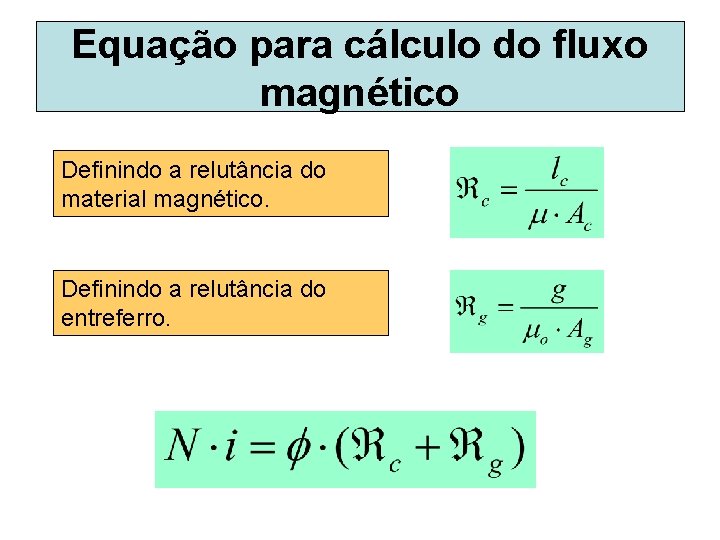 Equação para cálculo do fluxo magnético Definindo a relutância do material magnético. Definindo a