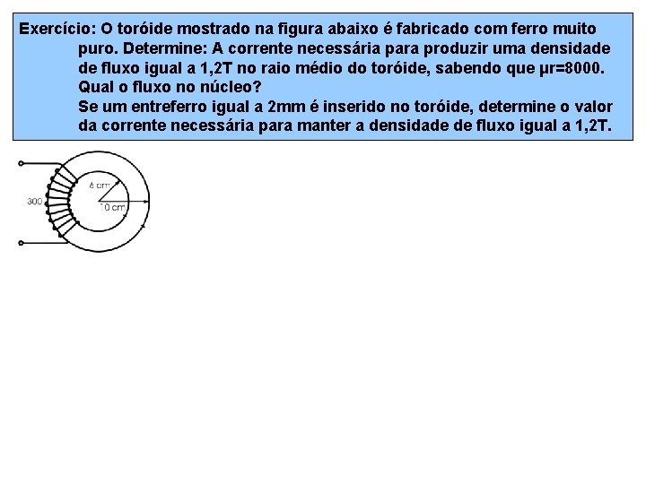 Exercício: O toróide mostrado na figura abaixo é fabricado com ferro muito puro. Determine: