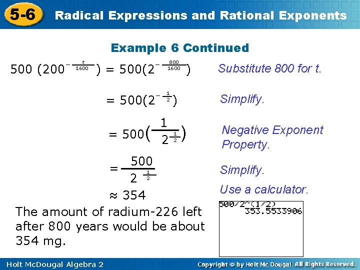 5 -6 Radical Expressions and Rational Exponents Example 6 Continued 500 (200 – t