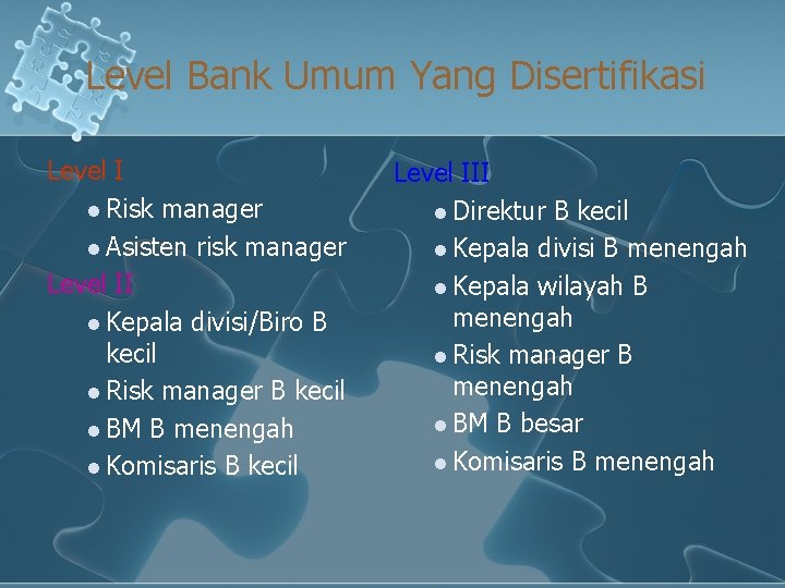 Level Bank Umum Yang Disertifikasi Level I l Risk manager l Asisten risk manager