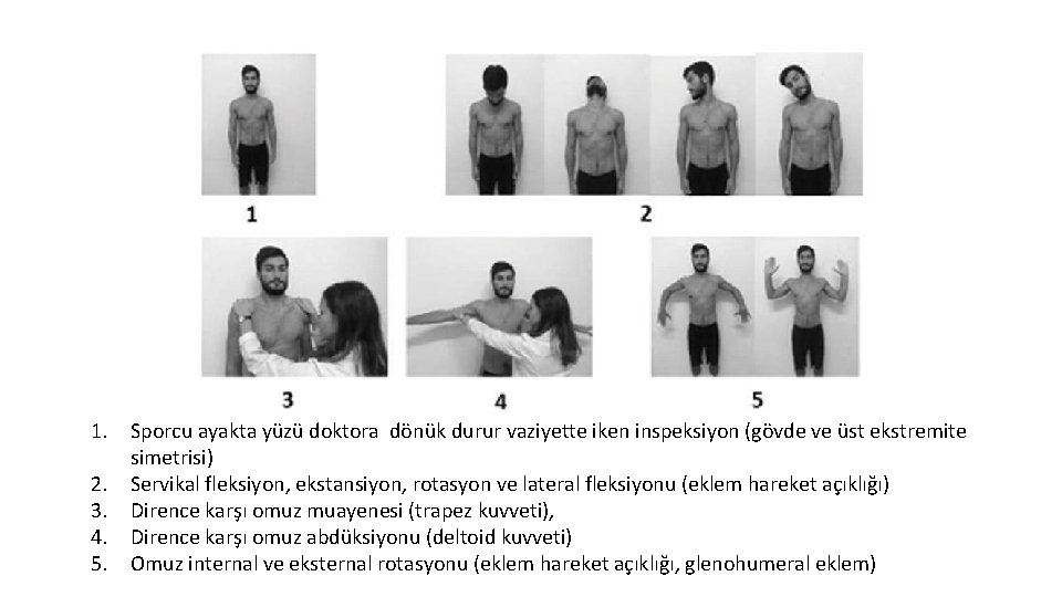 1. Sporcu ayakta yüzü doktora dönük durur vaziyette iken inspeksiyon (gövde ve üst ekstremite