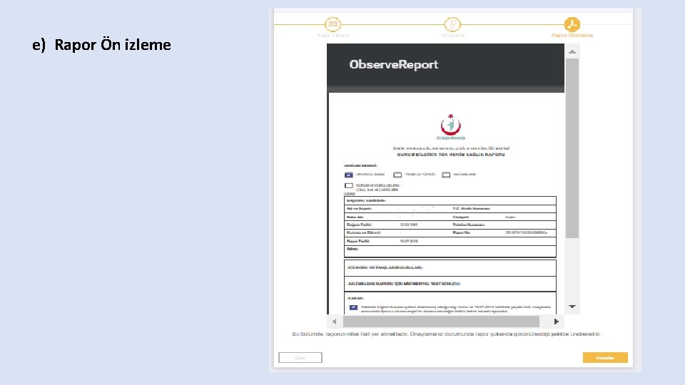 e) Rapor Ön izleme 