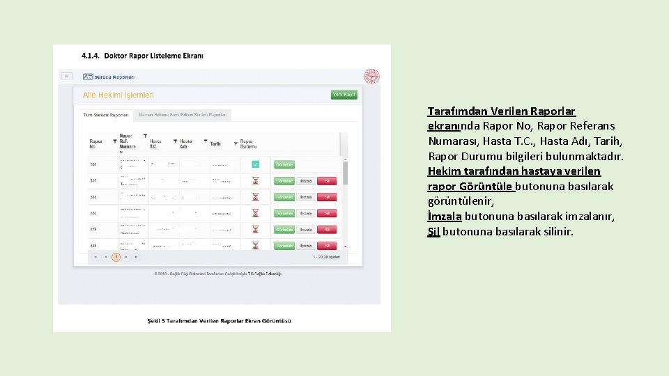 Tarafımdan Verilen Raporlar ekranında Rapor No, Rapor Referans Numarası, Hasta T. C. , Hasta