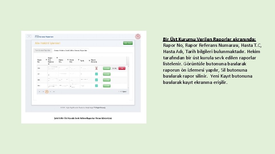 Bir Üst Kurumu Verilen Raporlar ekranında; Rapor No, Rapor Referans Numarası, Hasta T. C,