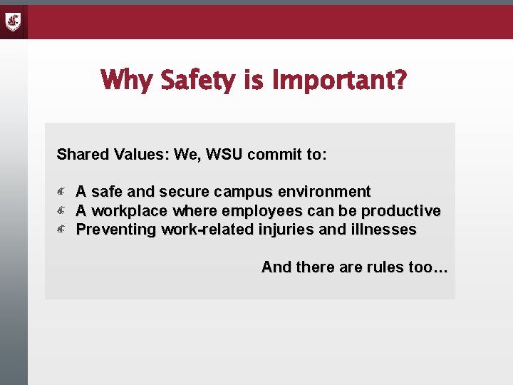 Why Safety is Important? Shared Values: We, WSU commit to: A safe and secure