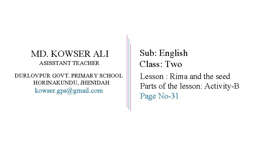 MD. KOWSER ALI ASISSTANT TEACHER DURLOVPUR GOVT. PRIMARY SCHOOL HORINAKUNDU, JHENIDAH. kowser. gps@gmail. com