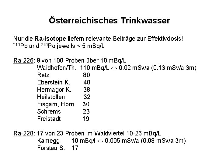 Österreichisches Trinkwasser Nur die Ra-Isotope liefern relevante Beiträge zur Effektivdosis! 210 Pb und 210