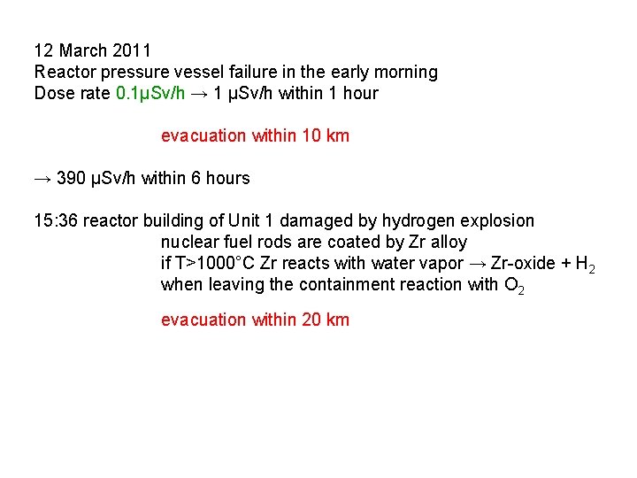 12 March 2011 Reactor pressure vessel failure in the early morning Dose rate 0.
