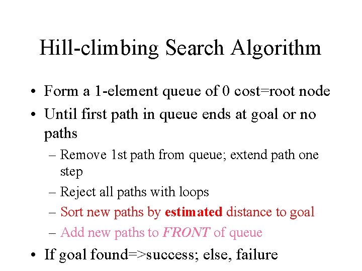 Hill-climbing Search Algorithm • Form a 1 -element queue of 0 cost=root node •