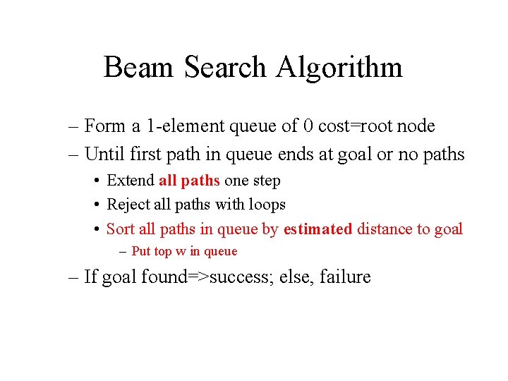 Beam Search Algorithm – Form a 1 -element queue of 0 cost=root node –