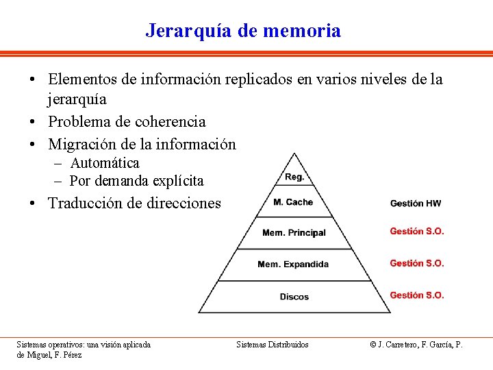 Jerarquía de memoria • Elementos de información replicados en varios niveles de la jerarquía