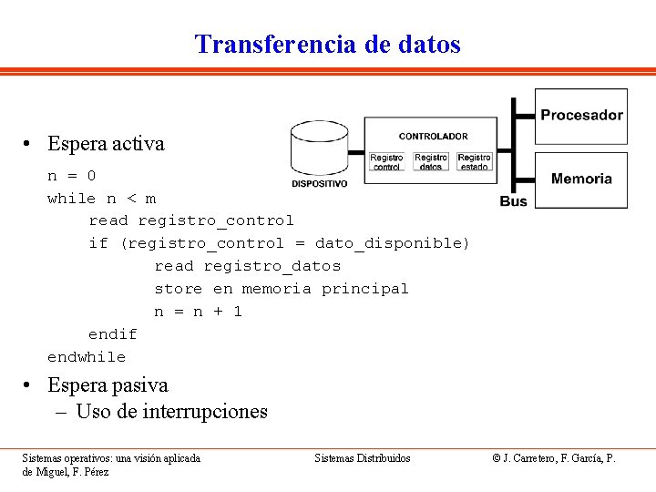 Transferencia de datos • Espera activa n = 0 while n < m read
