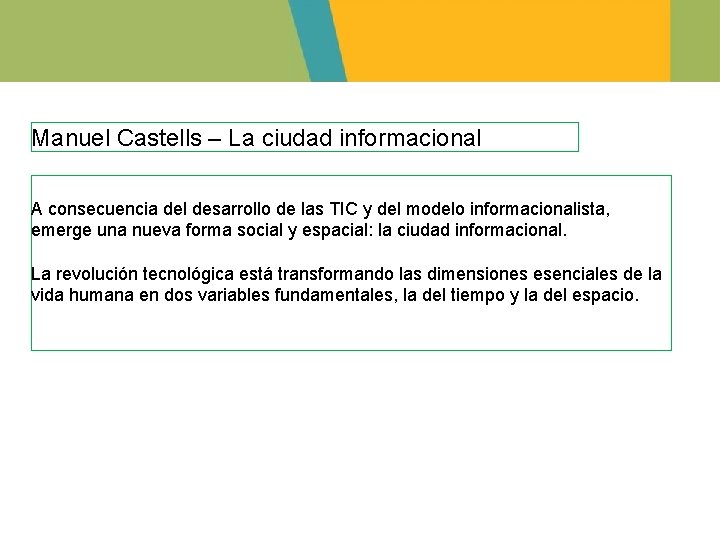 Manuel Castells – La ciudad informacional A consecuencia del desarrollo de las TIC y