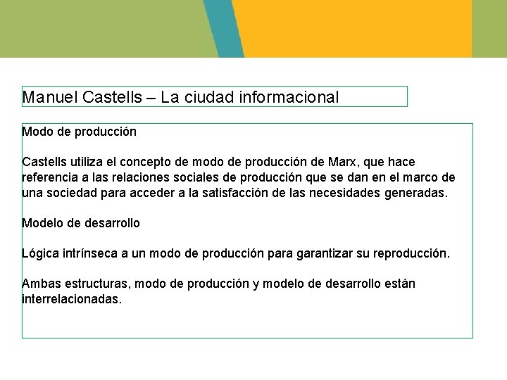 Manuel Castells – La ciudad informacional Modo de producción Castells utiliza el concepto de