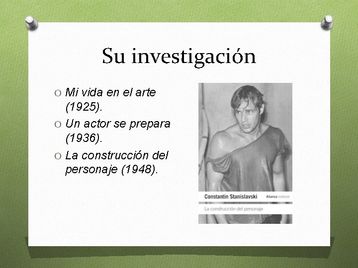 Su investigación O Mi vida en el arte (1925). O Un actor se prepara