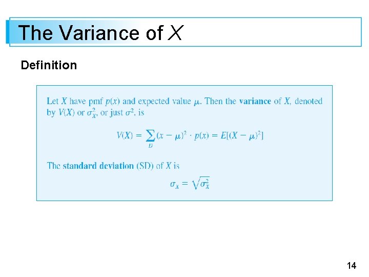 The Variance of X Definition 14 