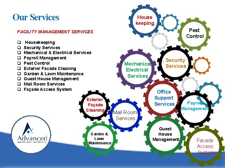 Our Services House keeping Pest Control FACILITY MANAGEMENT SERVICES q q q q q