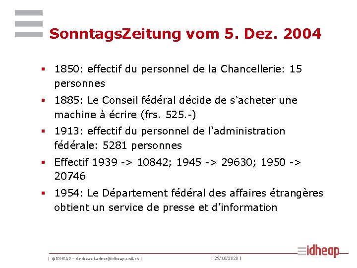 Sonntags. Zeitung vom 5. Dez. 2004 § 1850: effectif du personnel de la Chancellerie: