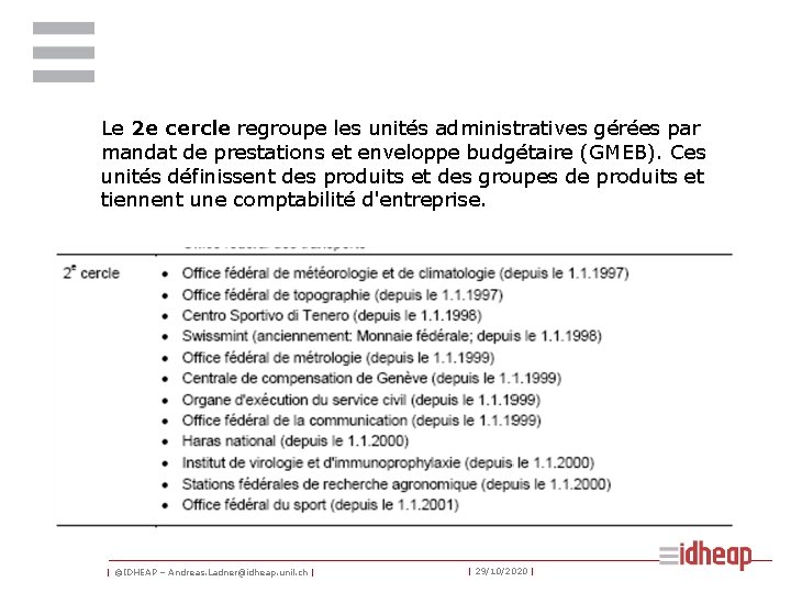 Le 2 e cercle regroupe les unités administratives gérées par mandat de prestations et