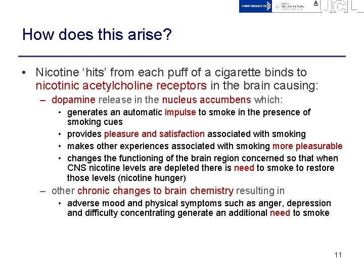 How does this arise? • Nicotine ‘hits’ from each puff of a cigarette binds