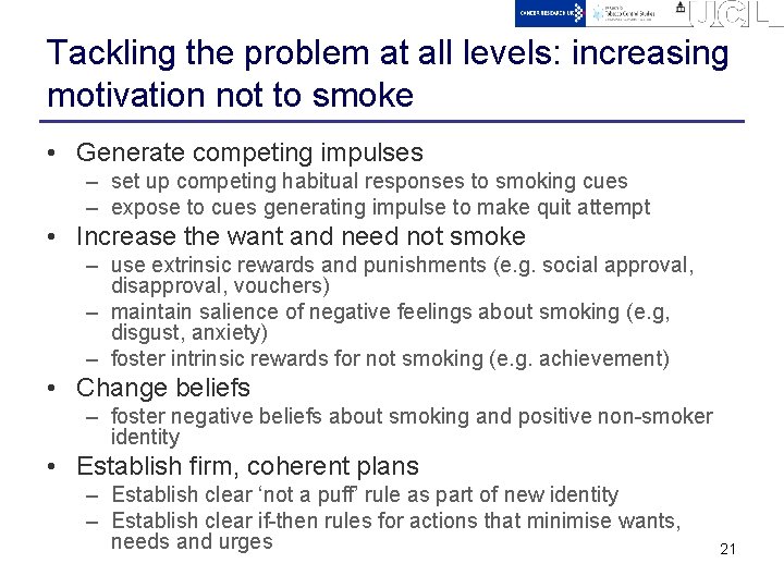 Tackling the problem at all levels: increasing motivation not to smoke • Generate competing