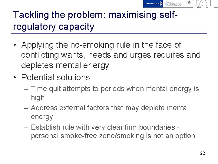 Tackling the problem: maximising selfregulatory capacity • Applying the no-smoking rule in the face