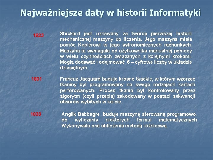 Najważniejsze daty w historii Informatyki 1623 1801 1833 Shickard jest uznawany za twórcę pierwszej